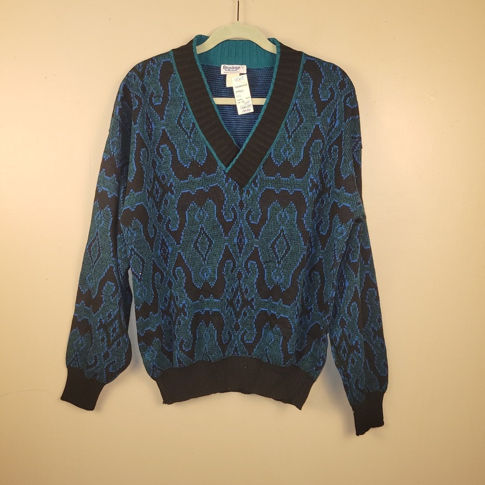 Vintage Repäge Sweater Large Made In Greece Acrylic‎ Blue Black Abstract Knit...